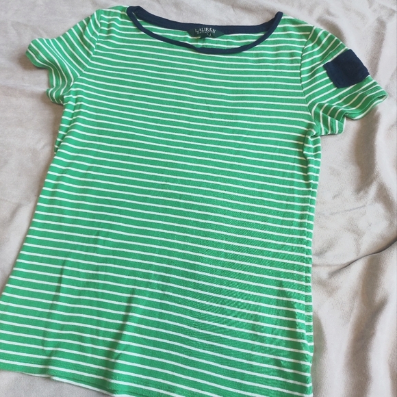 Lauren Ralph Lauren LRL Striped Green Short Sleeve Tee Shirt, Medium - Picture 1 of 9